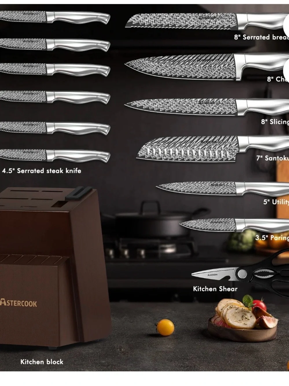AsterCook 12-Piece Silver Knife Set with Brown Wooden Block